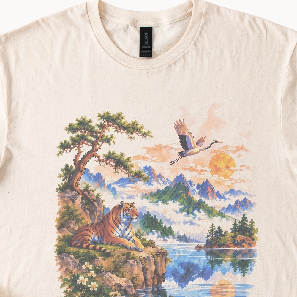Tiger Resting Above a Mountain Lake with Crane in Flight Tee